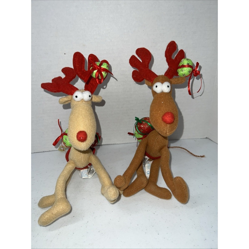 Genich Int'l 8" Reindeer Christmas Plush Movable Posable Stuffed Animal Lot Of 2